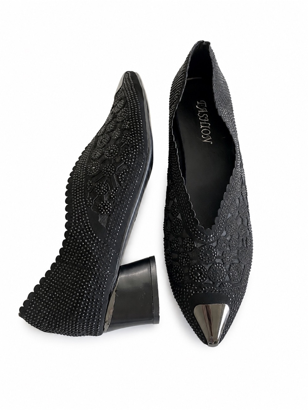 Black Mesh Rhinestone Sparkly Low Block Heel Comfort Pumps Sz 10​